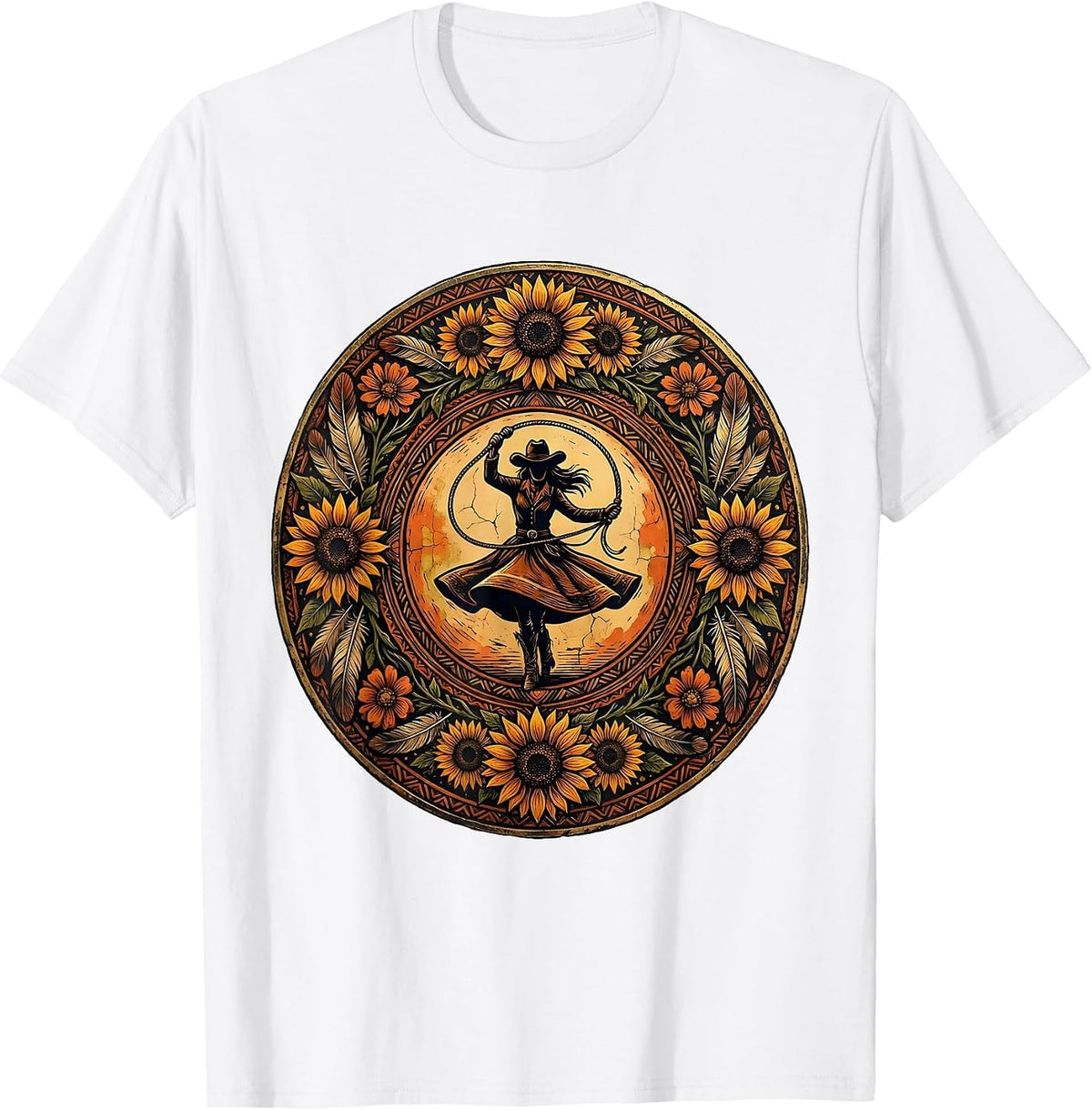 Men's White Cowgirl Twirling Lasso at Sunset T-Shirt - White