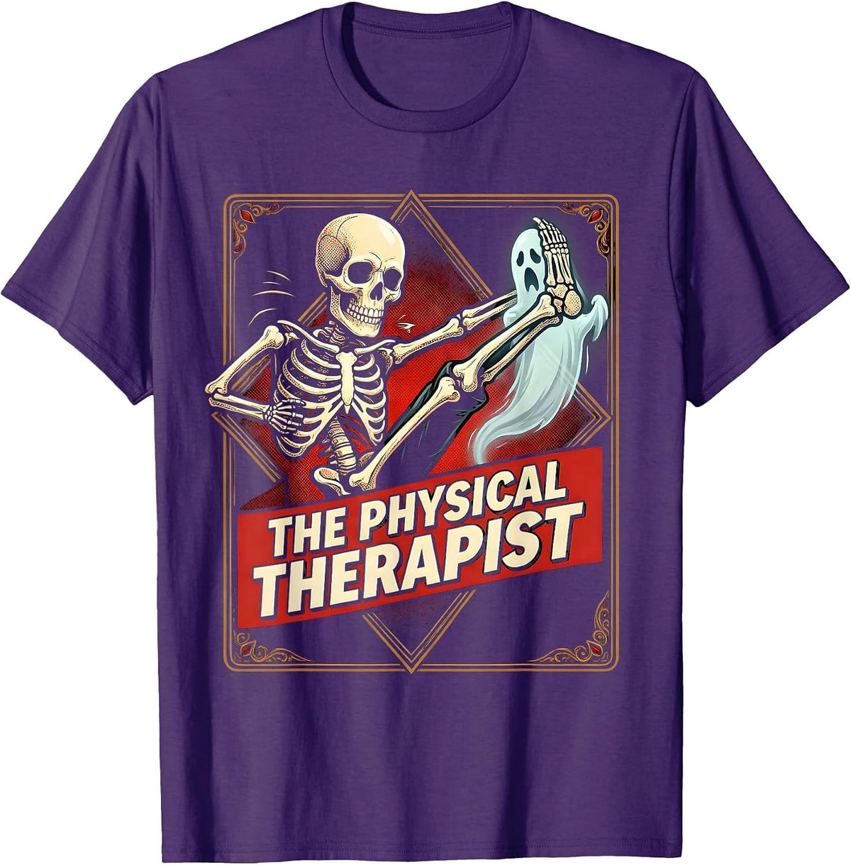 Men's The Physical Therapist Pop Art Tarot Card Skeleton Humor T-Shirt - Purple