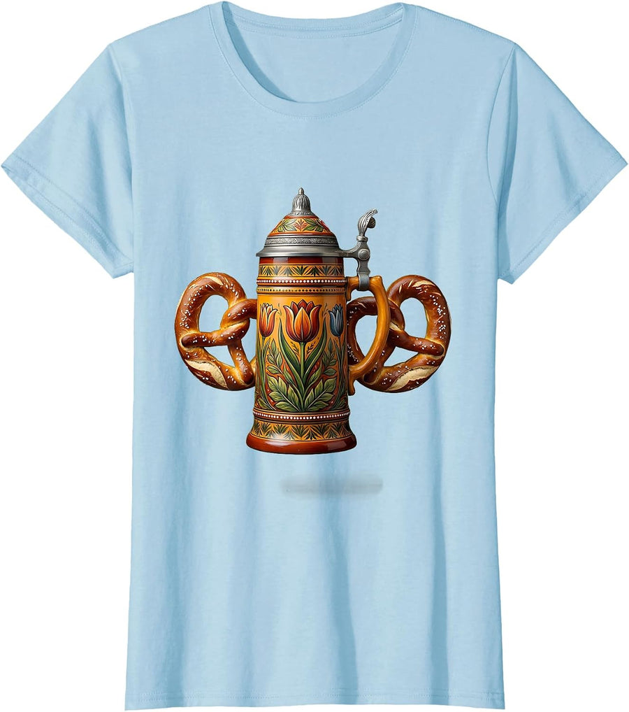 Women's Pretzel and Beer Stein Tavern Illustration T-Shirt - Baby Blue