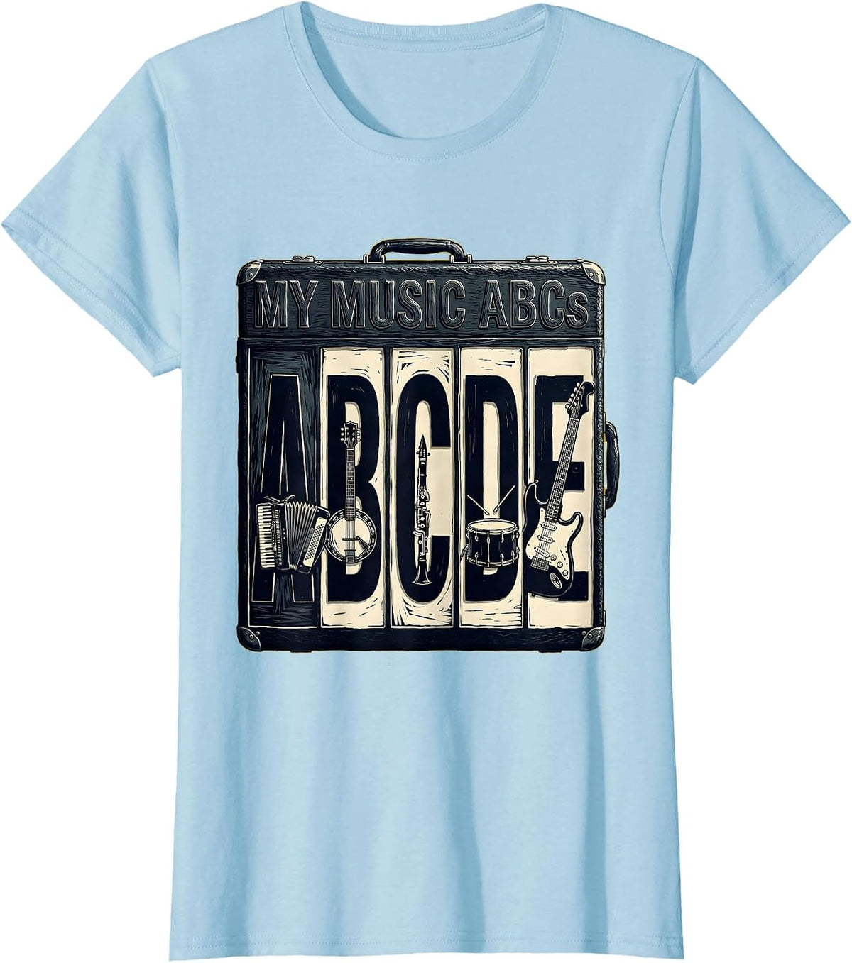 Women's My Music ABCs Linocut Kids Alphabet Learning Preschool T-Shirt - Baby Blue