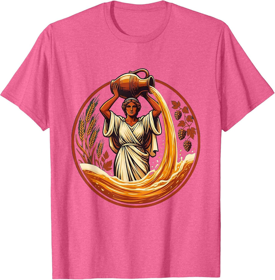 Goddess Pouring Beer From Giant Amphora Jug T-Shirt - Pink Heather