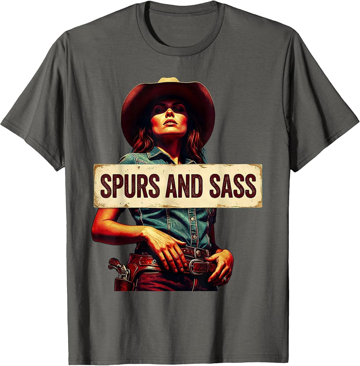 Spurs and Sass Cowgirl Graphic Design T-Shirt - Asphalt Grey