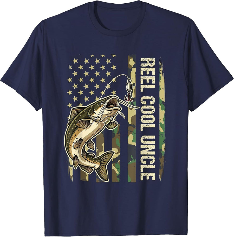 Vintage Reel Cool Uncle Catfish Fishing Camo Flag Fisherman T-Shirt - Navy Blue
