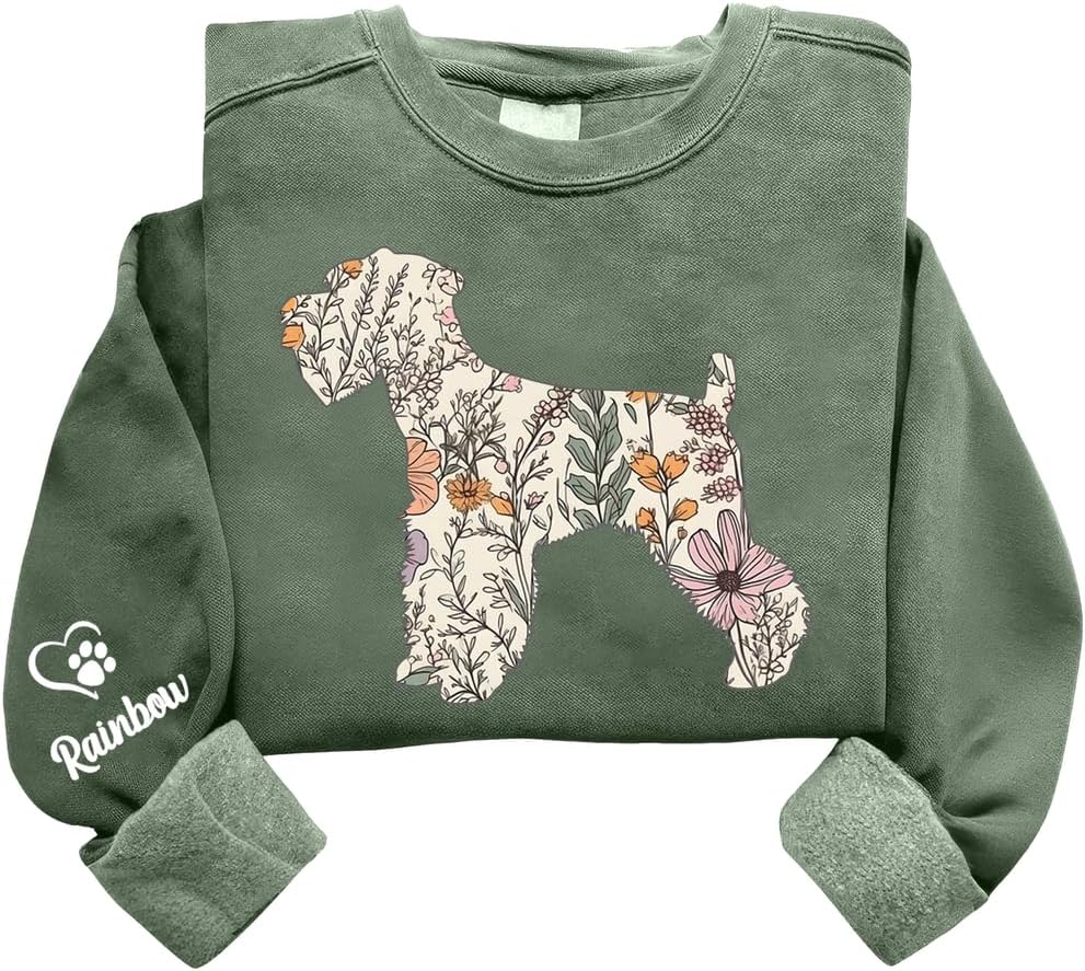 Personalized Floral Dogs Sweatshirt for Women, Custom Pet Name on Sleeve, Dog Lover Crewneck, Dog Mom Gift - Mini Schnauzer