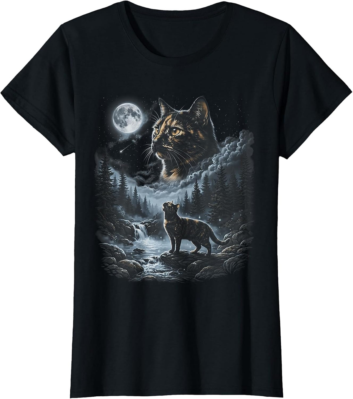 Tortoiseshell Cat Howling to the Moon Vintage Retro T-Shirt - Black