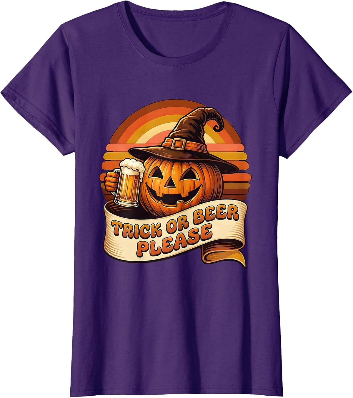 Women's Trick or Beer Please Halloween Funny Design T-Shirt - Purple