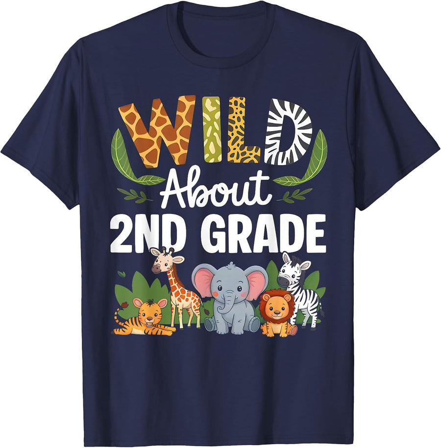 Wild About 2nd Grade Back to School Jungle Theme Classroom T-Shirt - Navy Blue