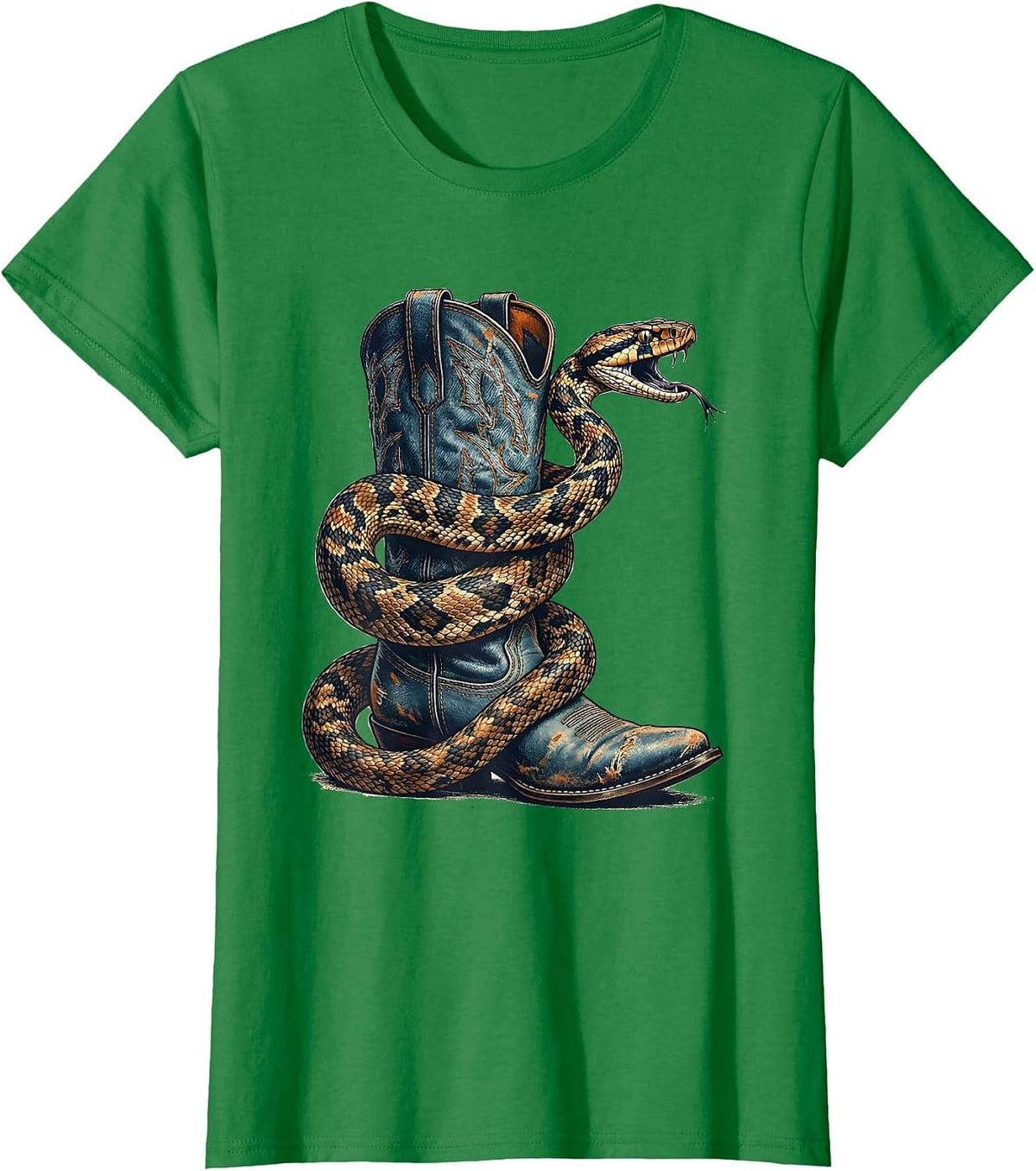 Women's Denim Cowgirl Snake Coiled Cowboy Boot Graphic T-Shirt - Kelly Green