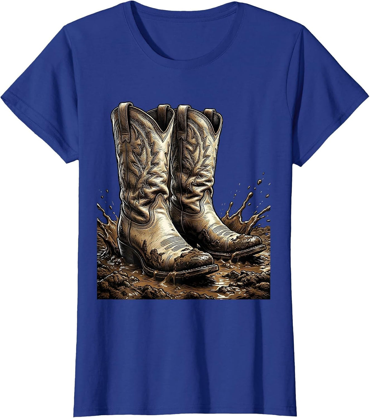 Women's Cowboy Boots in the Mud Western Graphic T-Shirt - Royal Blue