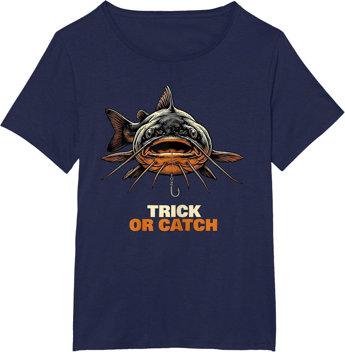 Women's Trick Or Catch Oversized Bullhead Catfish Funny Halloween T-Shirt - Navy Blue