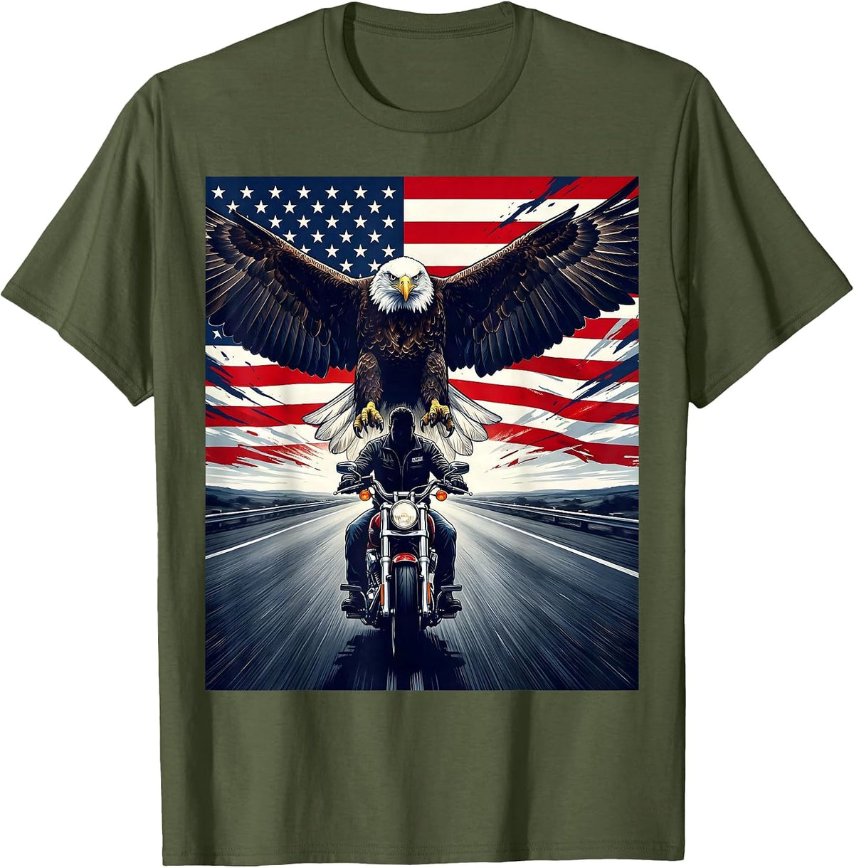 Freedom Rider Open Highway Motorcycle Design T-Shirt - Olive Green