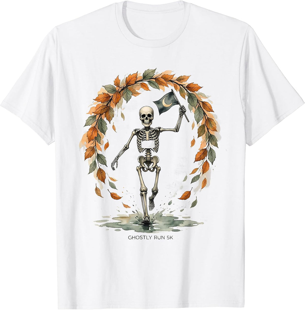 Men's Ghostly Run 5K Watercolor Skeleton Runner Halloween Fun Run T-Shirt - White