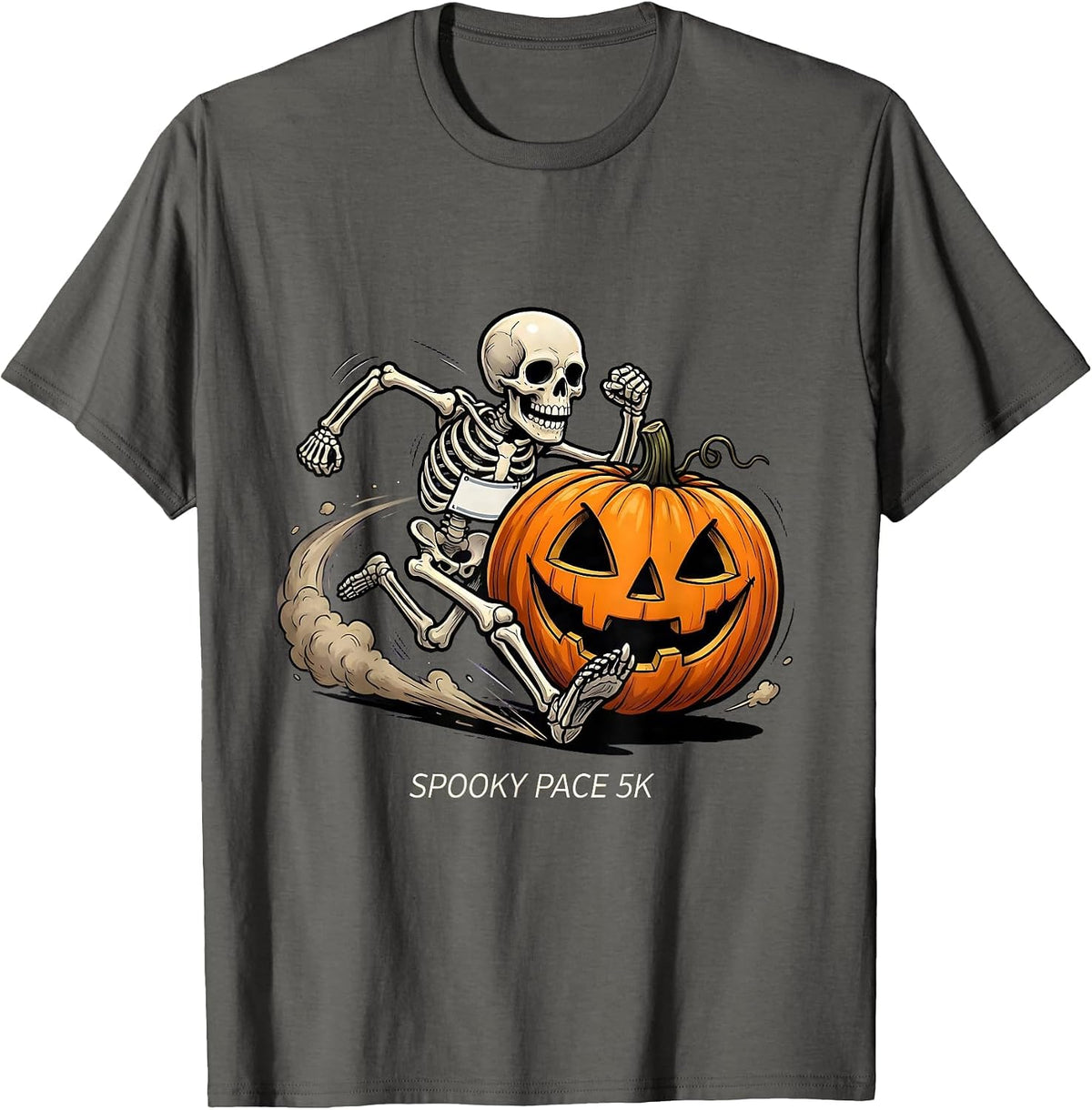 Spooky Pace 5K Cartoon Skeleton Runner Halloween Fun Run T-Shirt - Asphalt Grey