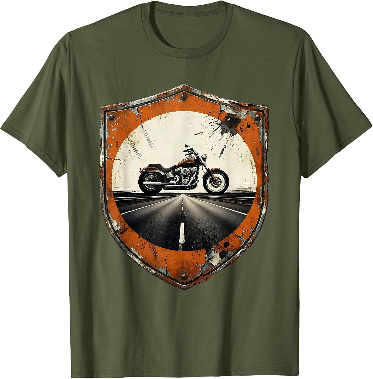 Motorcycle Silhouette Route 66 Open Road USA T-Shirt - Olive Green