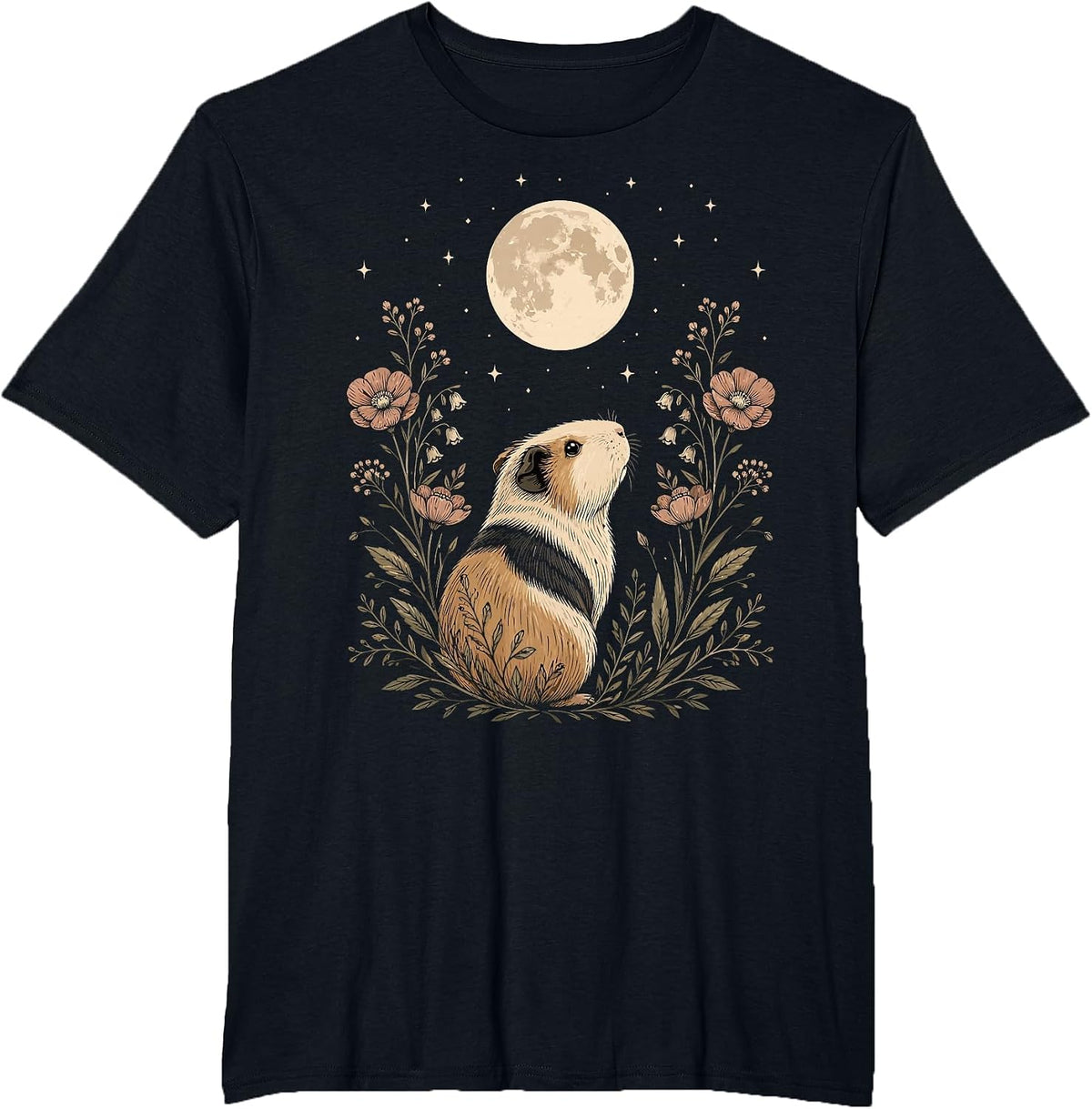 Floral Guinea Pig Moon Celestial Night Animal Lover T-Shirt - Black