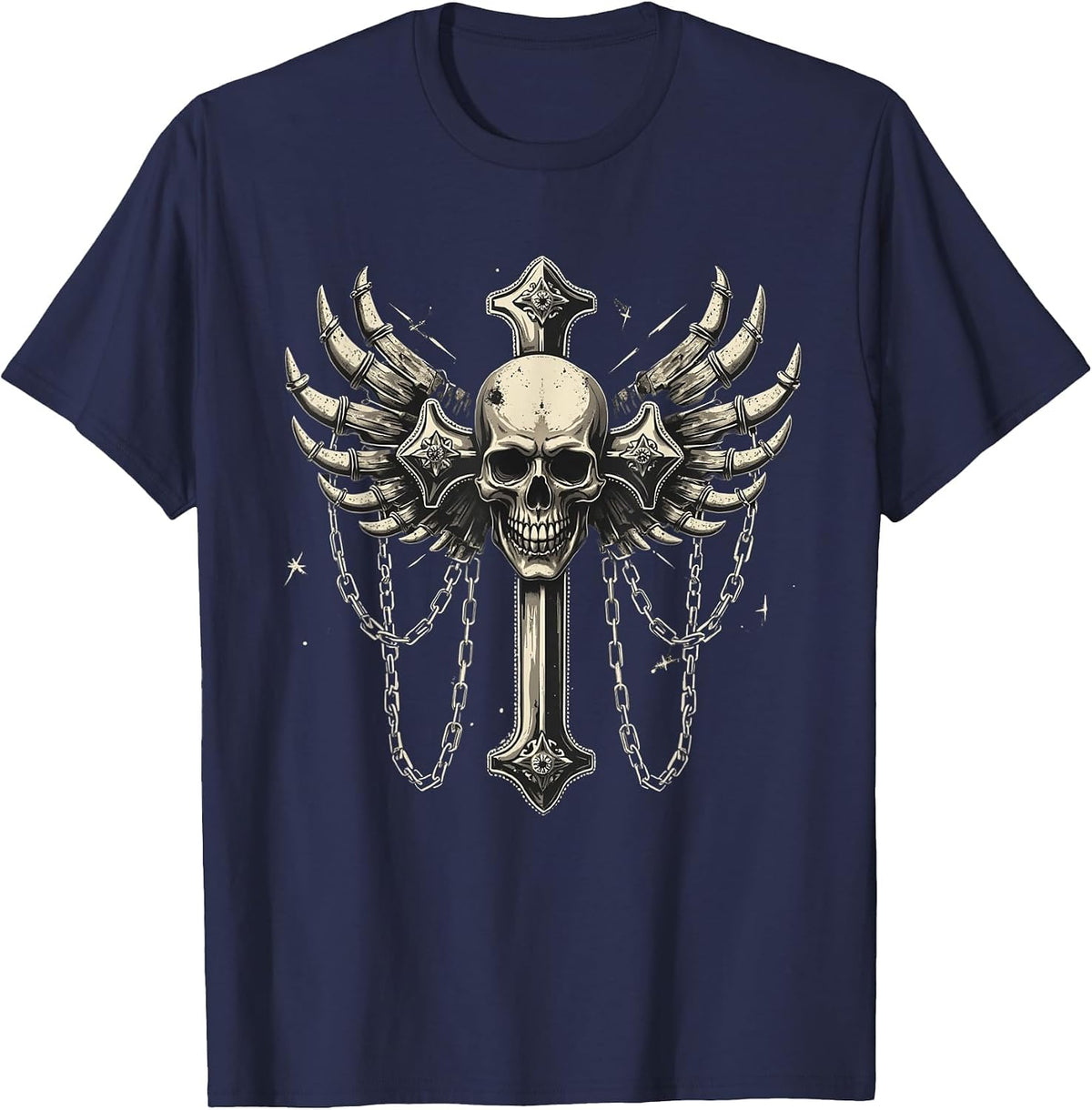 Skull with Silver Cross | Chains | Goth | Emo | y2k | Grunge T-Shirt - Navy Blue