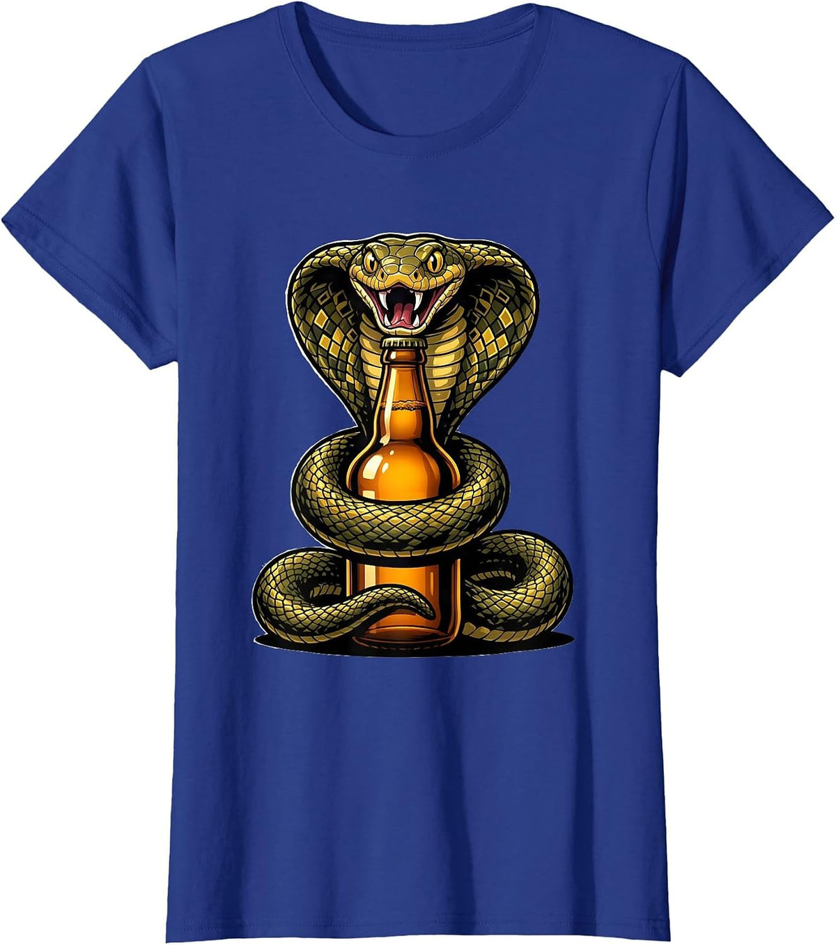 Women's King Cobra Coiled Around Beer Bottle Graphic T-Shirt - Royal Blue