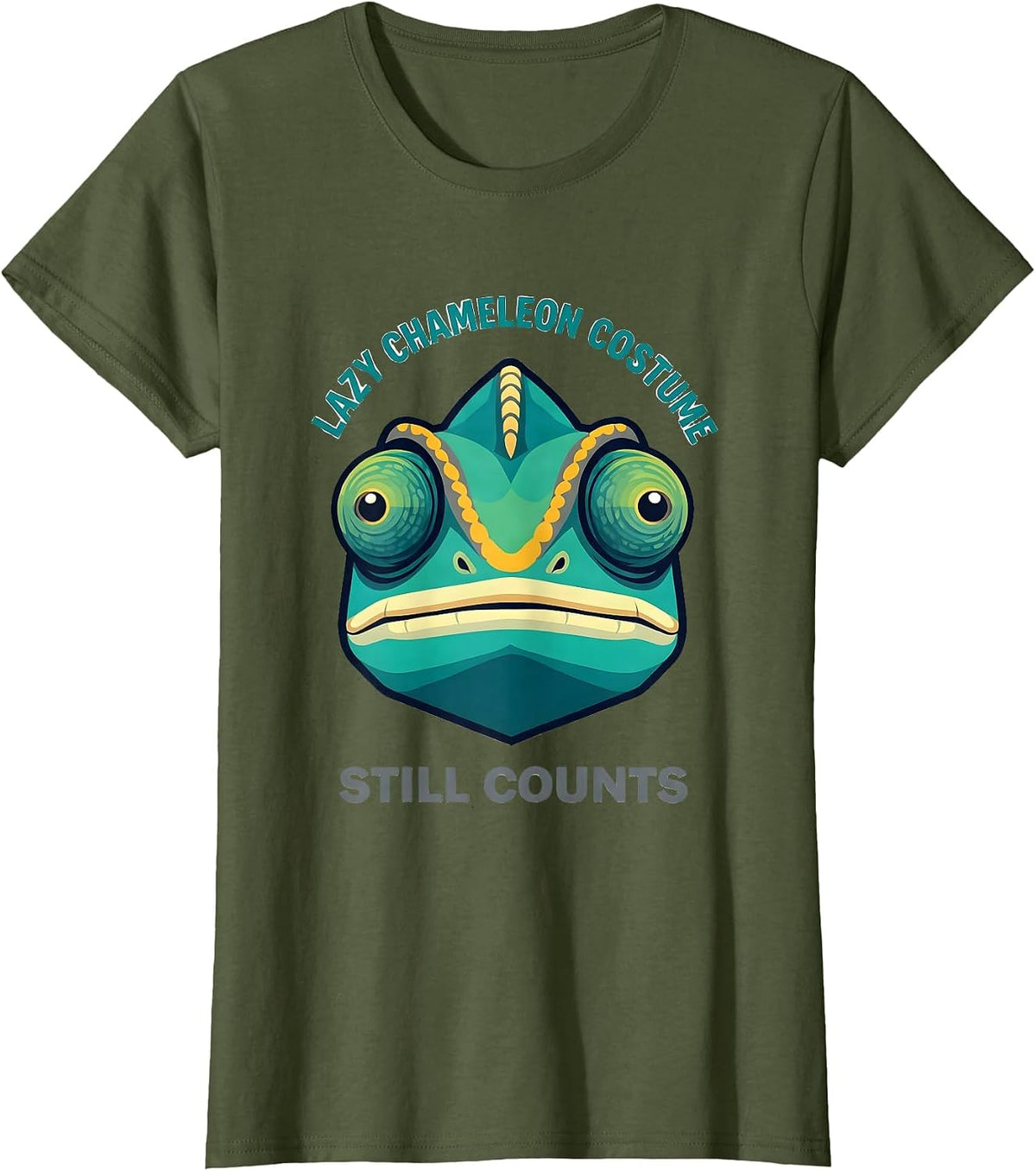 Women's Lazy Chameleon Costume Still Counts Kawaii Animal Face T-Shirt - Olive Green