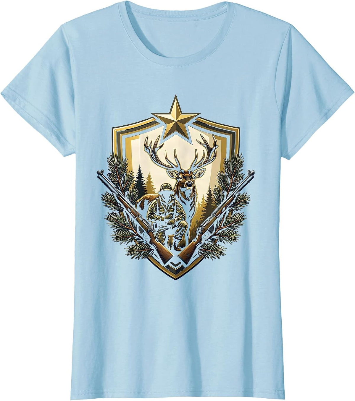 Women's Hunter Crouching With Trophy Buck Deer Graphic T-Shirt - Baby Blue