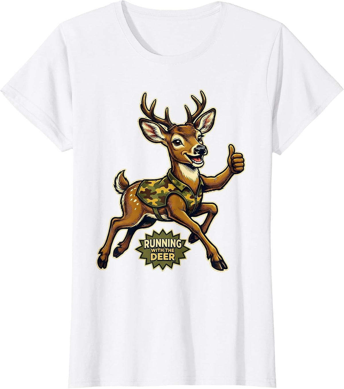 Running with the Deer Camo Hunting Design T-Shirt - White