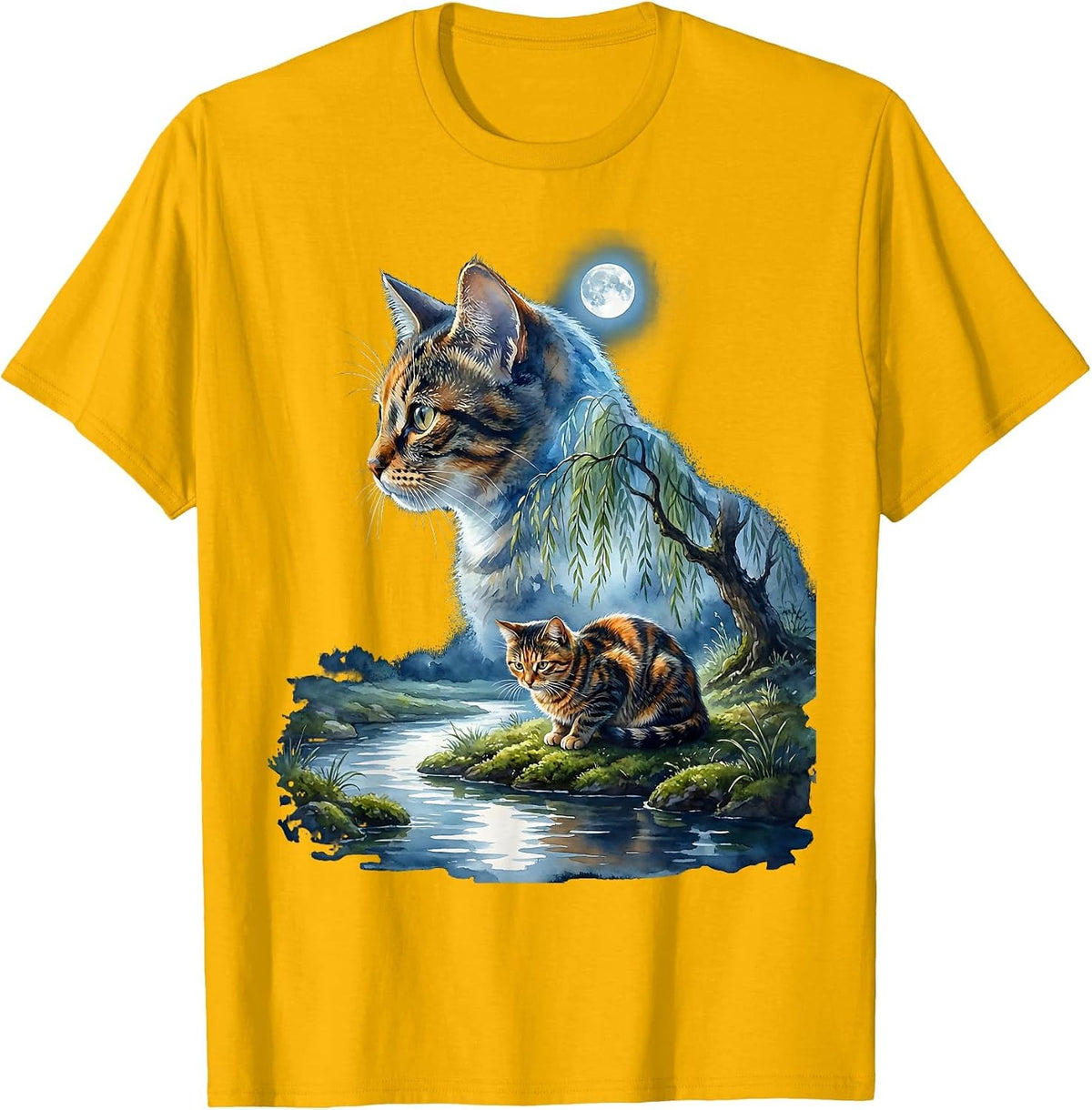 Tortoiseshell Cat Moonlit Portrait 90s Retro T-Shirt - Golden Yellow