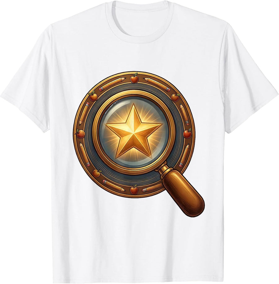 2nd Grade Teacher Magnifying Glass Gold Star T-Shirt - White