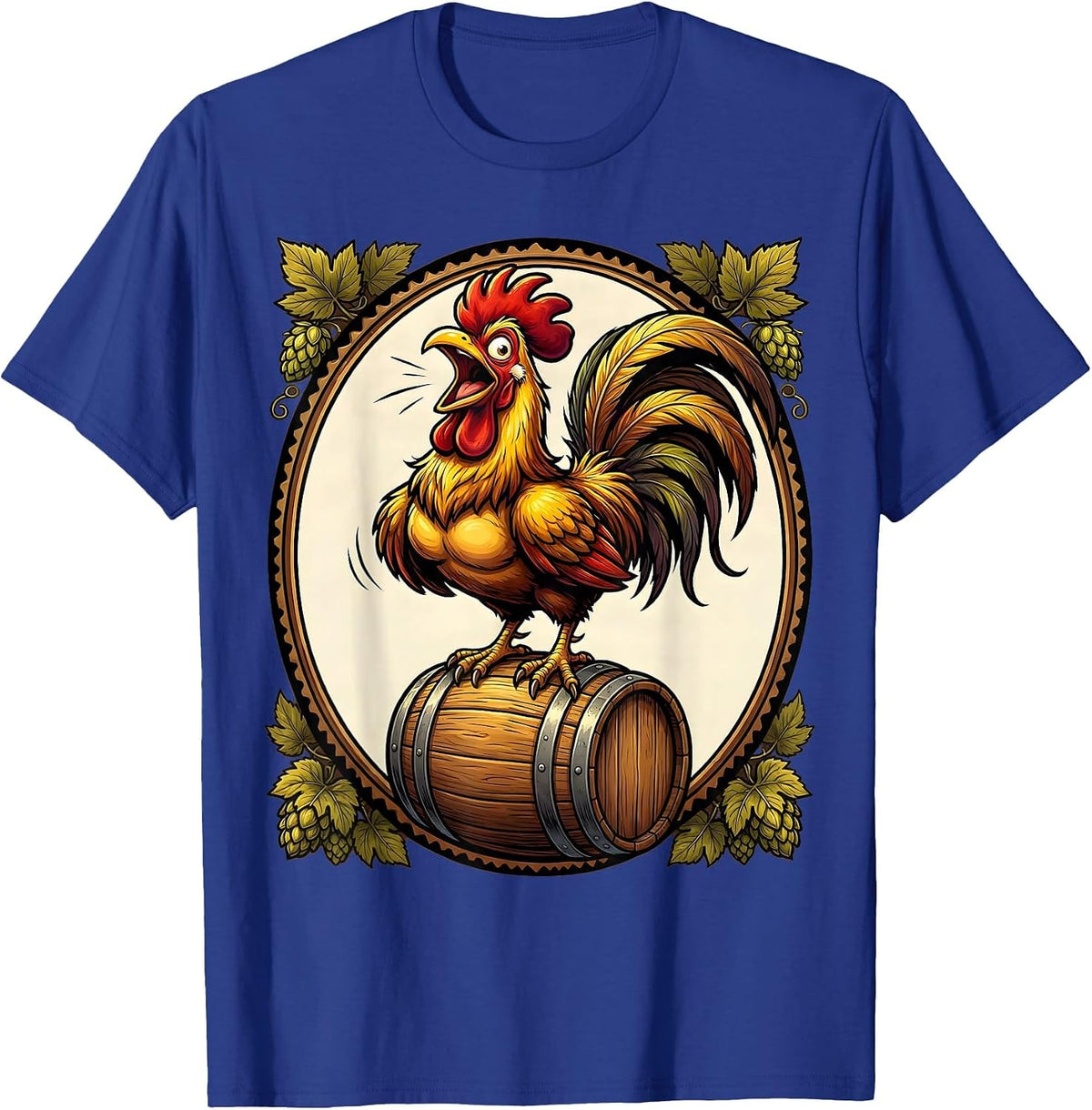 Men's Rooster on a Beer Keg Graphic Design T-Shirt - Royal Blue