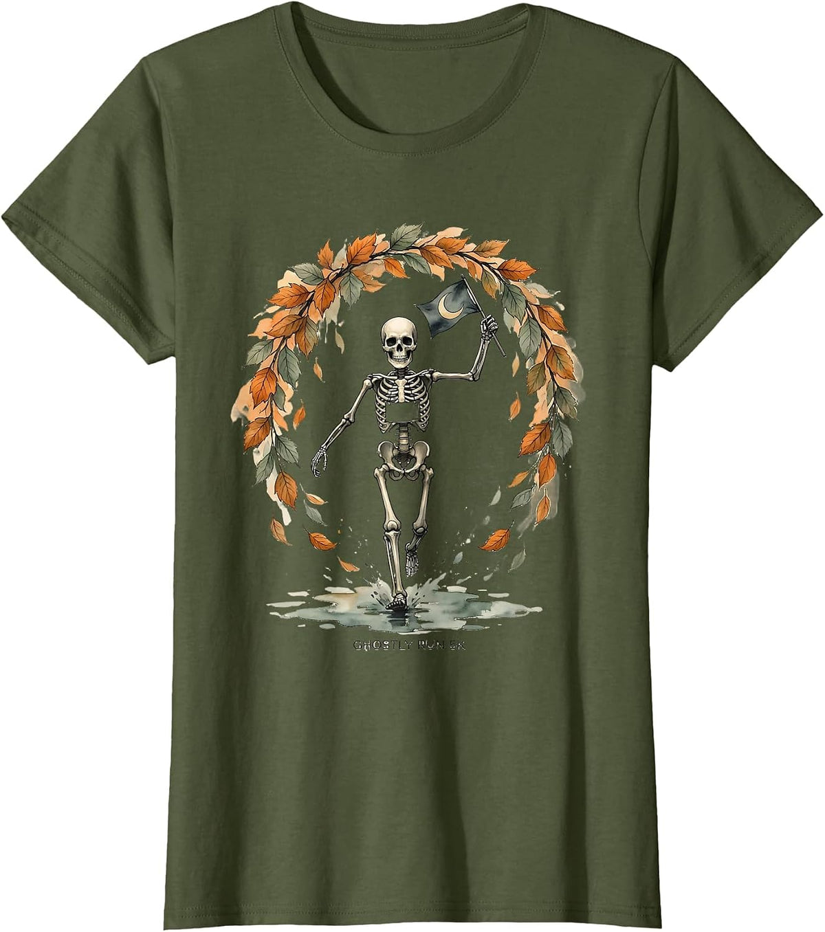 Women's Ghostly Run 5K Watercolor Skeleton Runner Halloween Fun Run T-Shirt - Olive Green