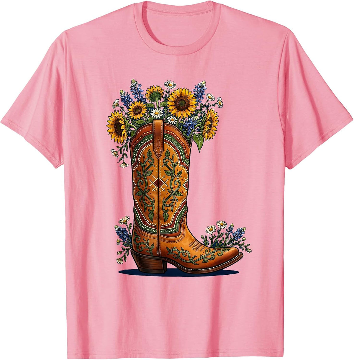 Men's Wildflower Cowboy Boot Western Illustration T-Shirt - Pink