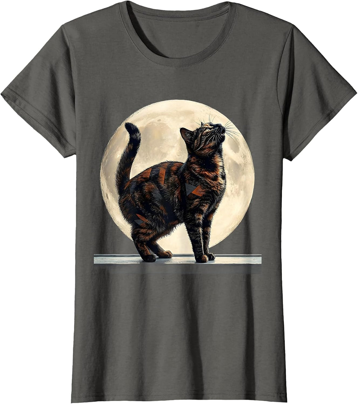 Women's Tortoiseshell Cat Howling at Moon 90's Retro Novelty T-Shirt - Asphalt Grey
