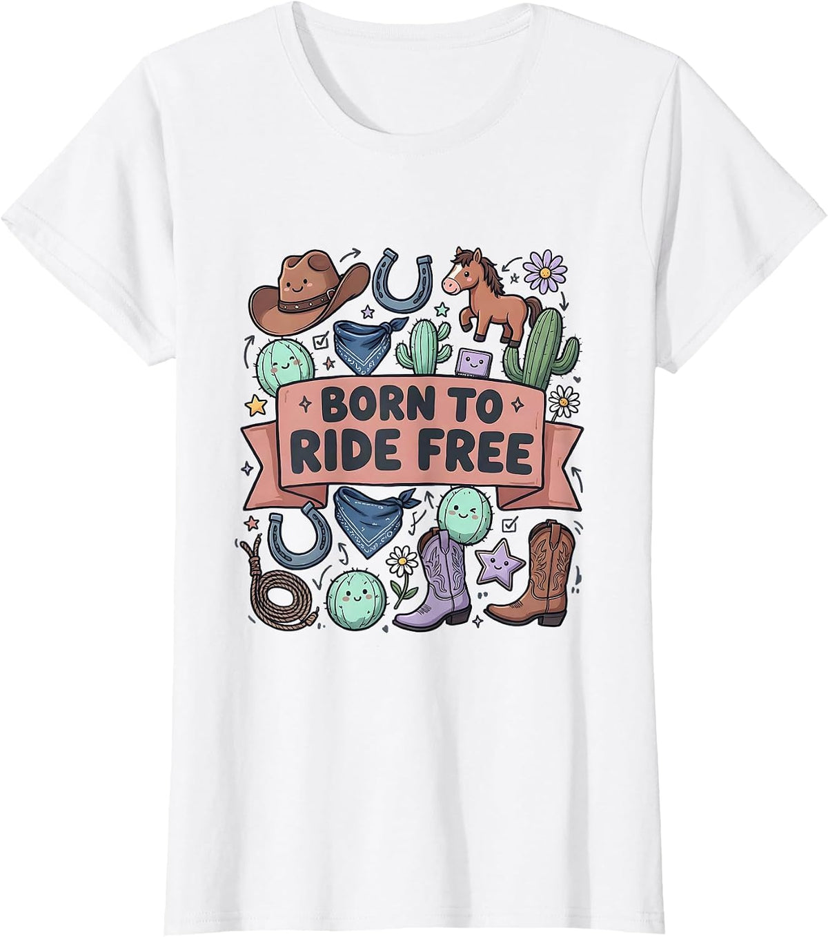 Born to Ride Free Denim Cowgirl Design T-Shirt - White