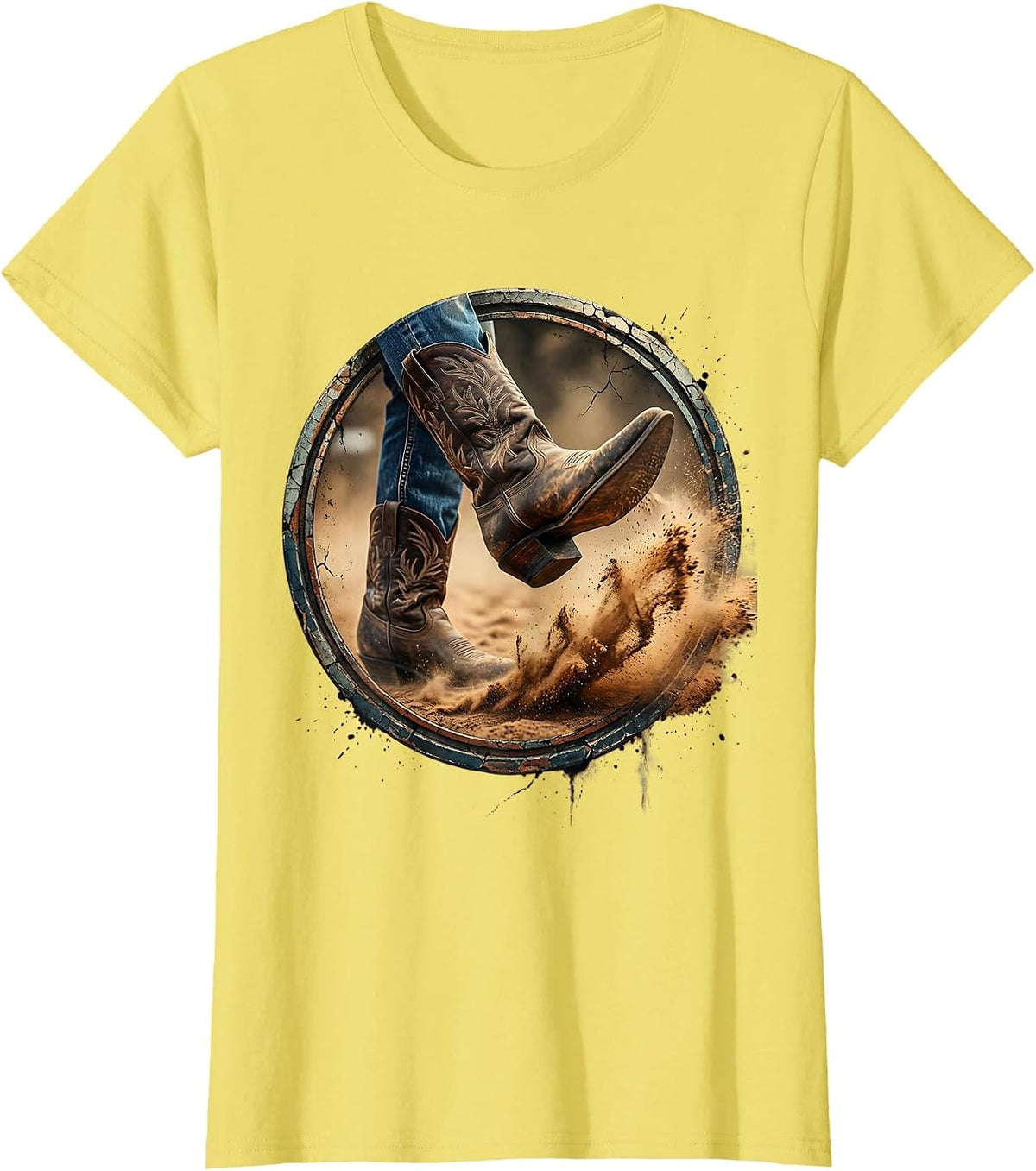 Denim Cowgirl Boots Mid-Kick Dust Cloud Graphic T-Shirt - Lemon Yellow