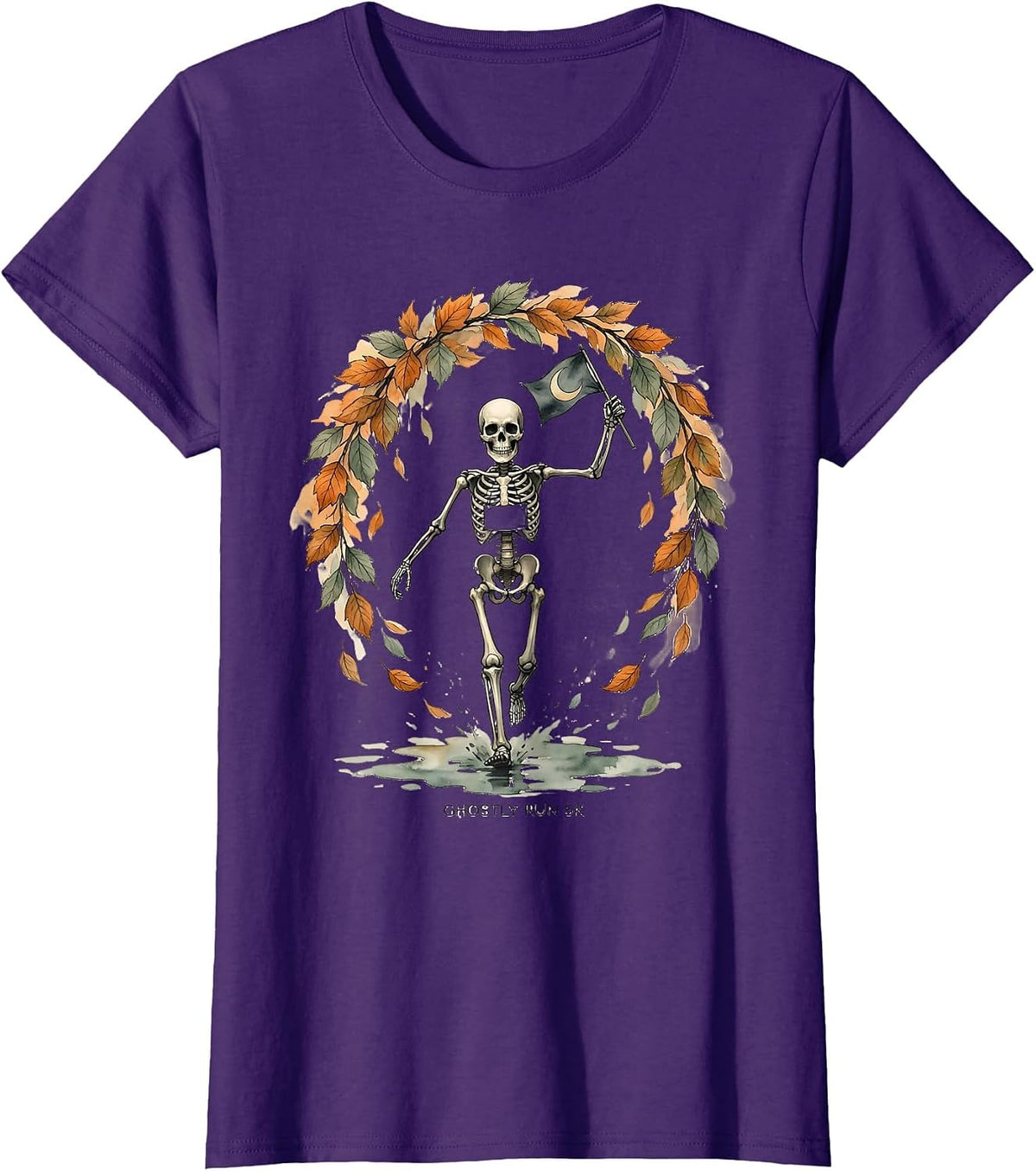 Women's Ghostly Run 5K Watercolor Skeleton Runner Halloween Fun Run T-Shirt - Purple