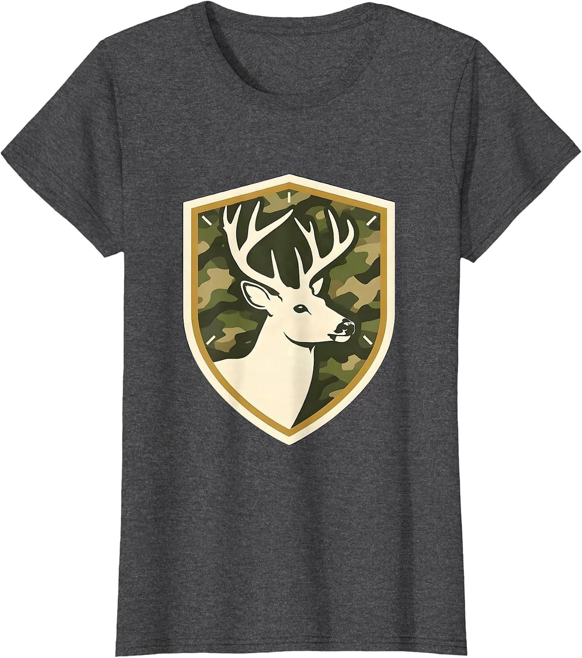 Women's Shield Buck Antlers Camo Emblem Hunting Dad T-Shirt - Dark Heather Grey