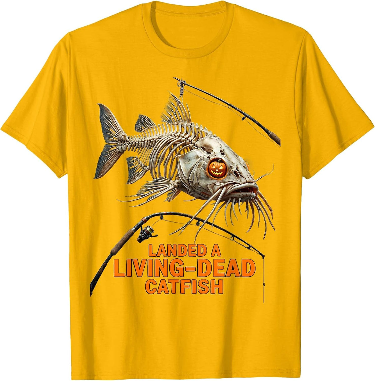 Landed A Living-Dead Catfish Skeleton Halloween Fishing T-Shirt - Golden Yellow