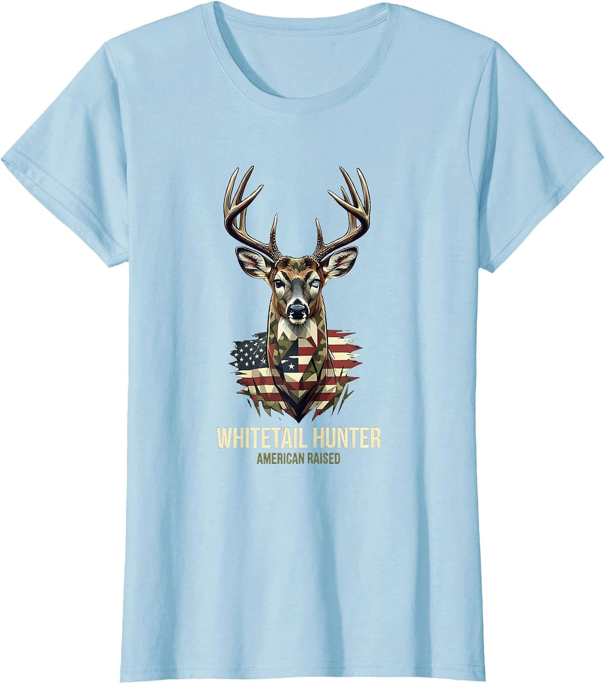 Whitetail Hunter, American Raised Patriotic Camo Deer Hunter T-Shirt - Baby Blue