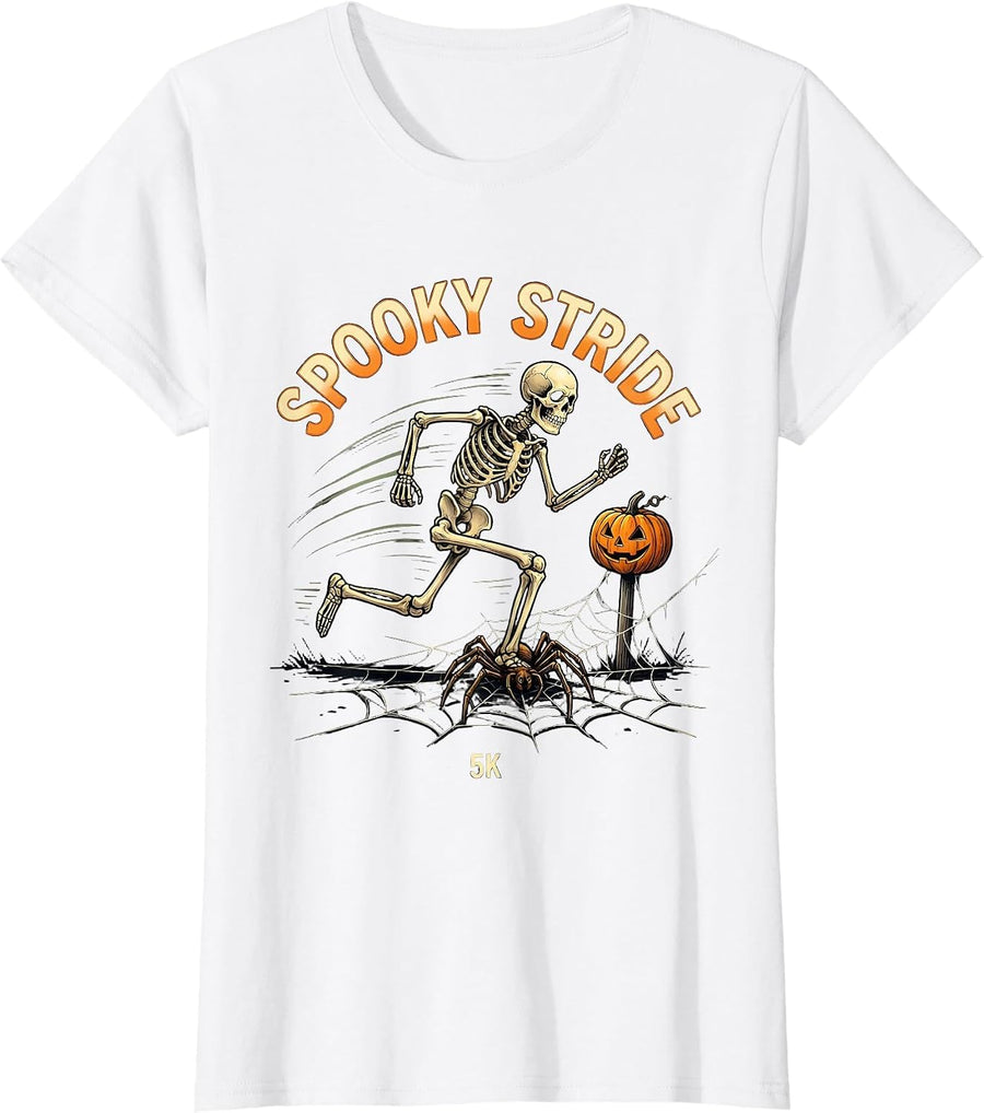 Women's Spooky Stride 5K Funny Skeleton Halloween Run Costume T-Shirt - White