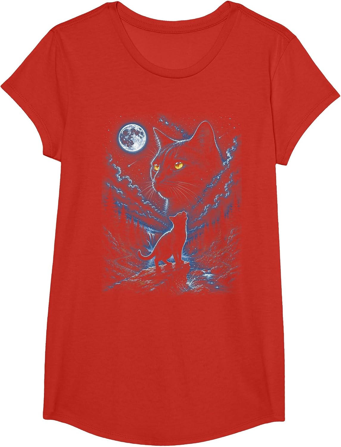 Black Cat Howling at Moon 90's Retro Nature Forest Cat Lover T-Shirt - Girls Red