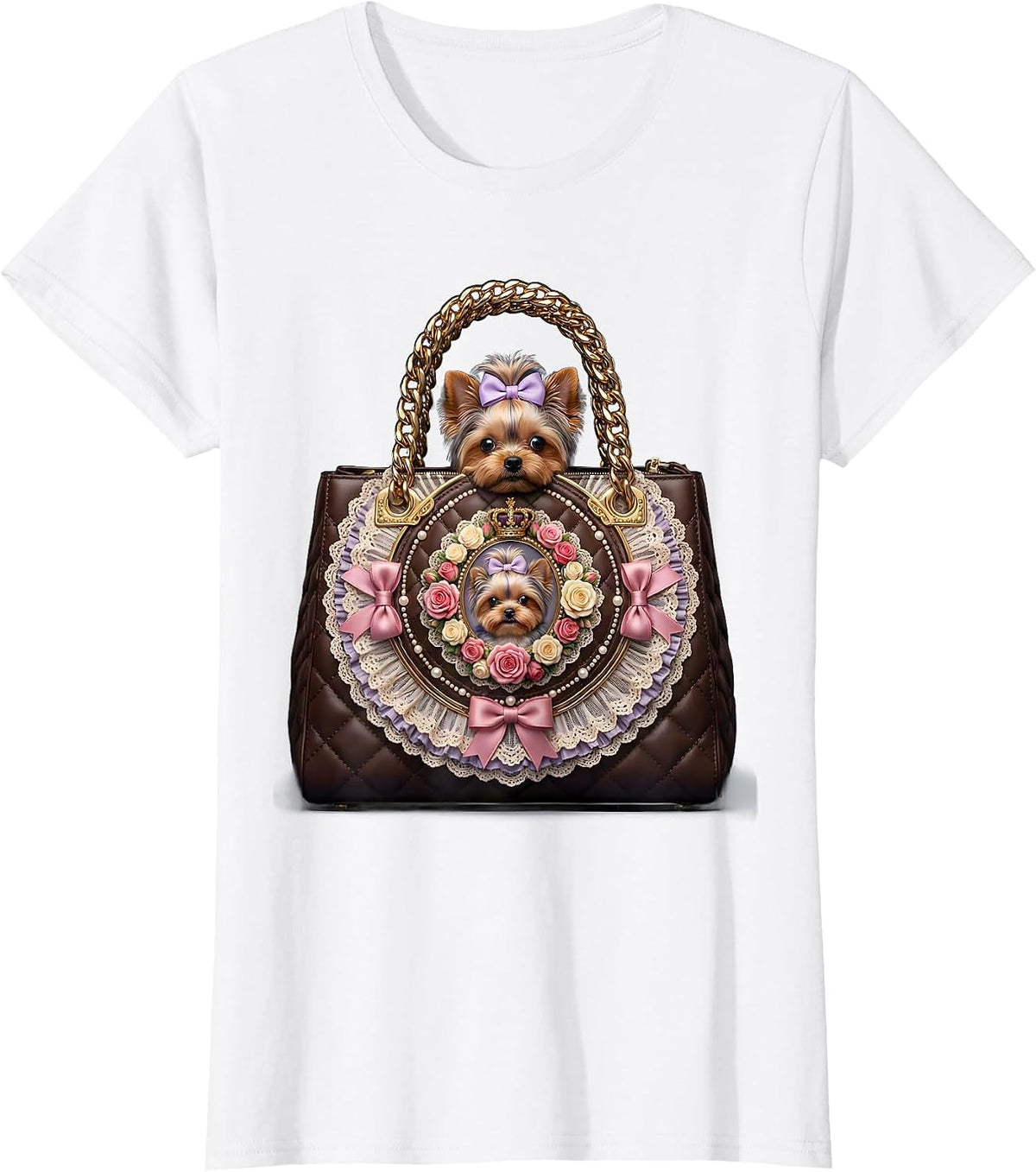 Tiny Dog in Oversized Designer Purse Graphic T-Shirt - White