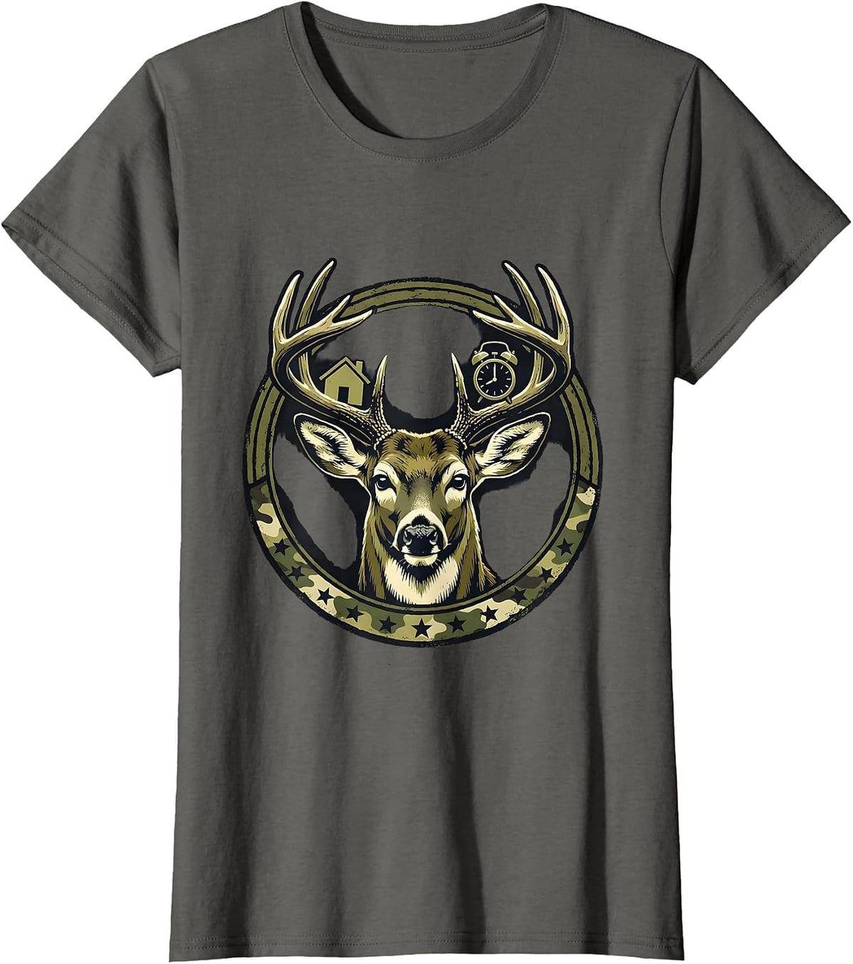 Women's Sealed Buck Badge Camo Deer Hunter Dad Gift T-Shirt - Asphalt Grey