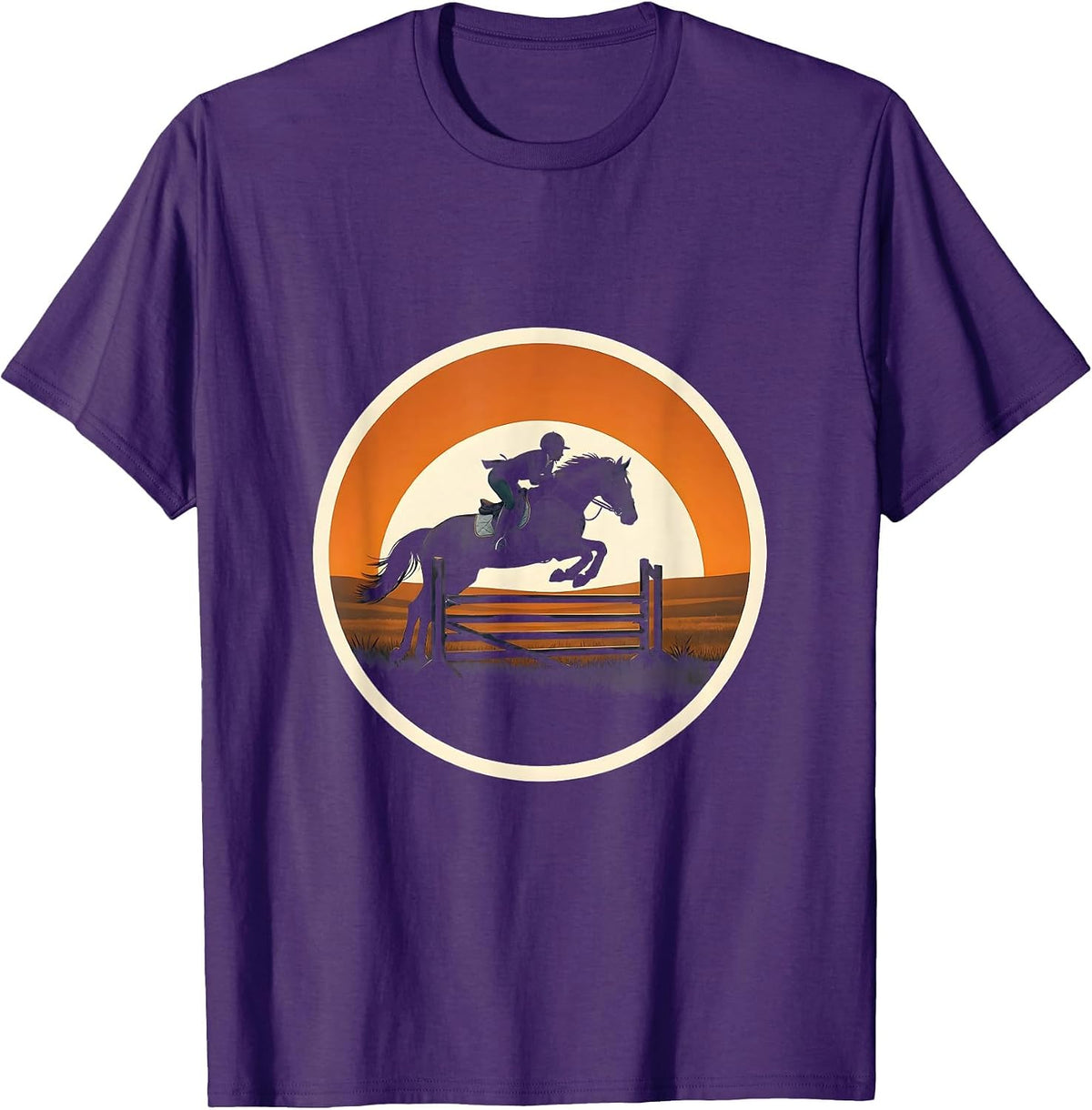 Show Jumper Soaring Over Fence Rails Equestrian T-Shirt - Purple