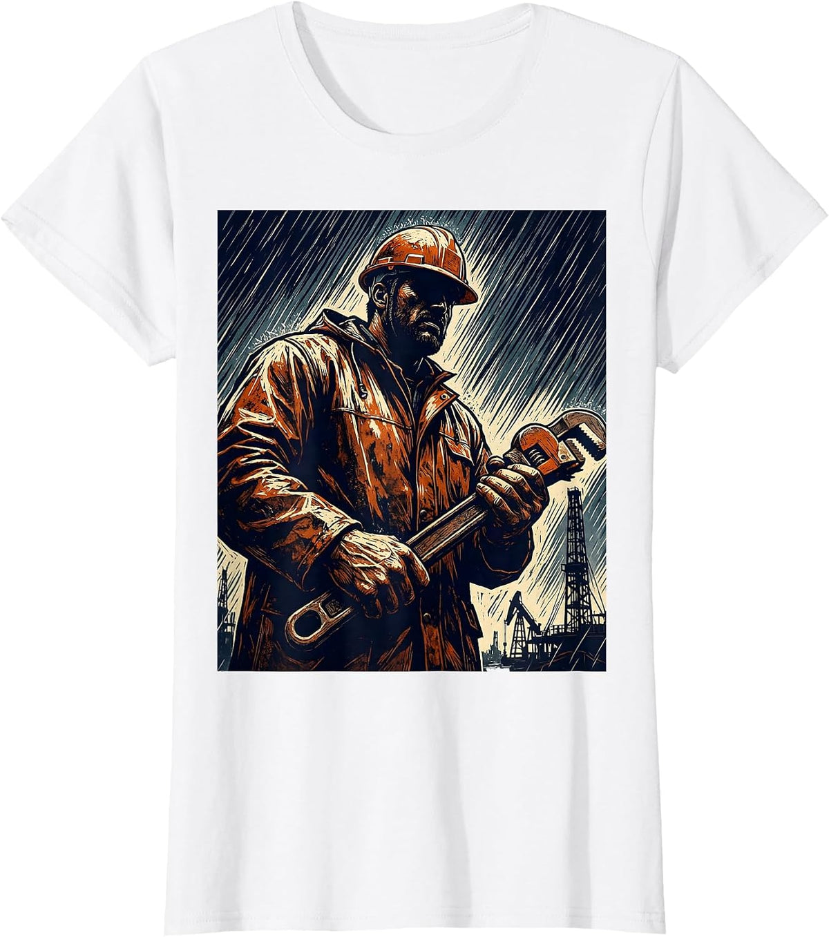 Oil Rig Worker in Hard Rain Graphic Tee T-Shirt - White