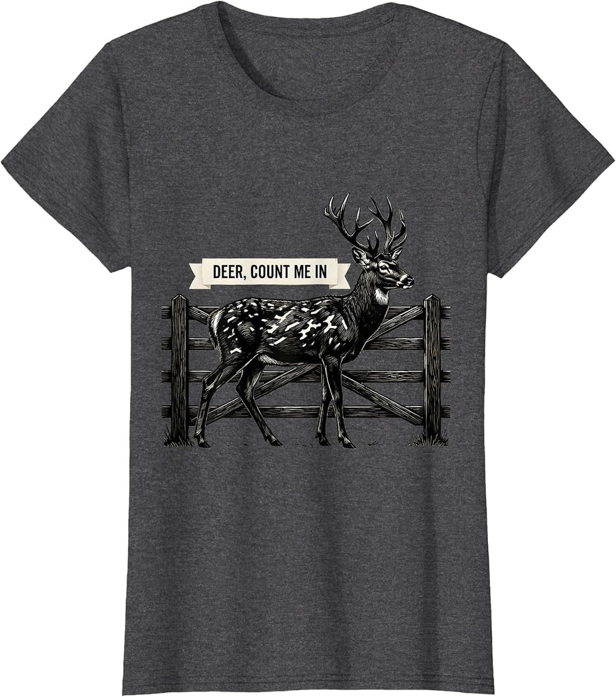 Women's Deer Count Me In Woodcut Engraving Camo Hunting Gift T-Shirt - Dark Heather Grey