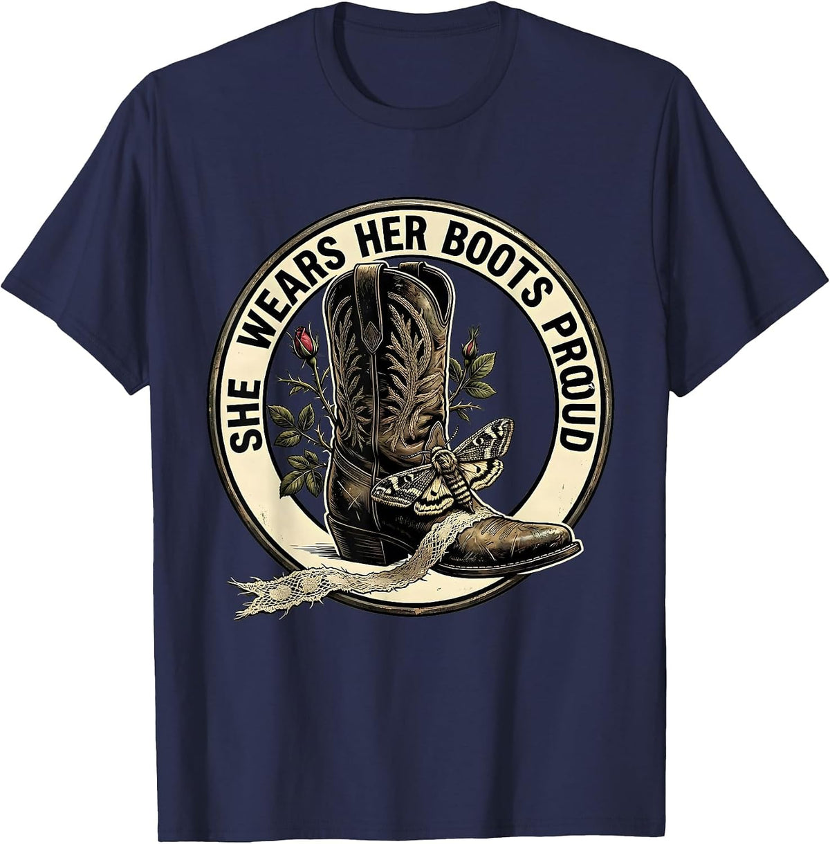 She Wears Her Boots Proud Western Design T-Shirt - Navy Blue