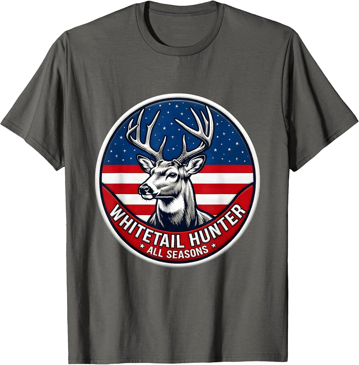 Whitetail Hunter, All Seasons Patriotic Deer Hunting Dad T-Shirt - Asphalt Grey