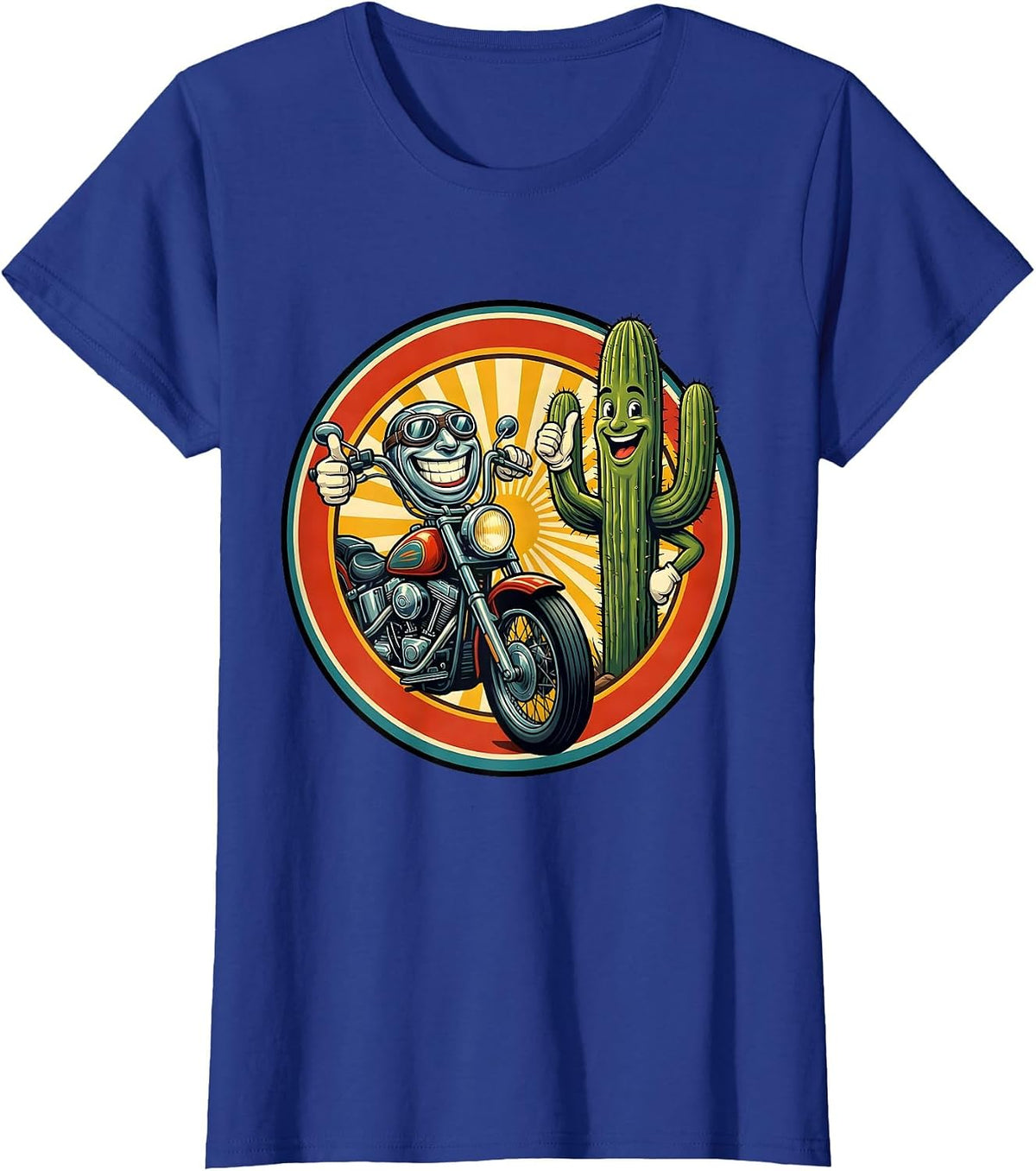 Women's Route 66 Retro Motorcycle Saguaro Cactus Design T-Shirt - Royal Blue