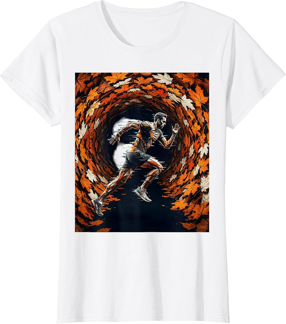 Runner Silhouette Autumn Leaf Tunnel Graphic T-Shirt - White