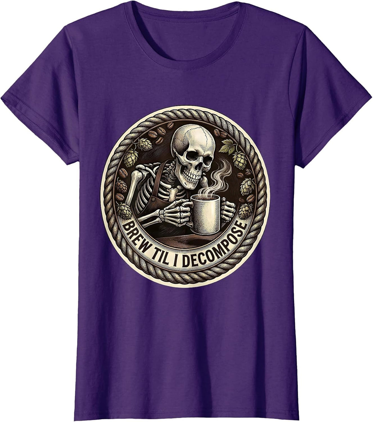 Women's Brew Til I Decompose Funny Skeleton Design T-Shirt - Purple