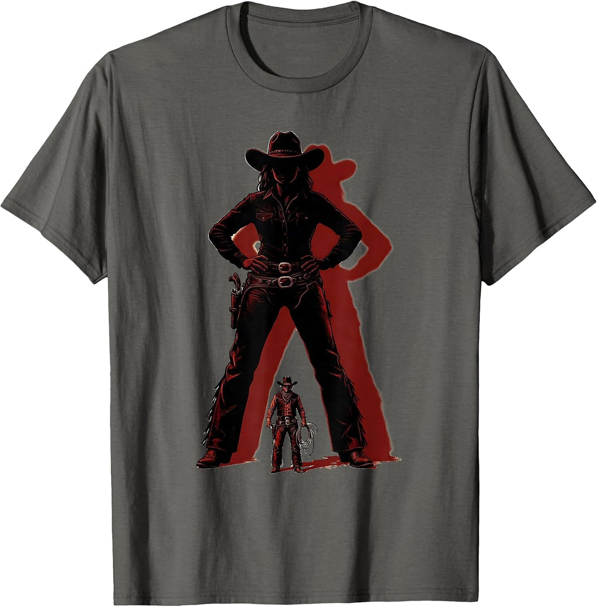 Bold Cowgirl Shadow Over Tiny Cowboy Graphic T-Shirt - Asphalt Grey