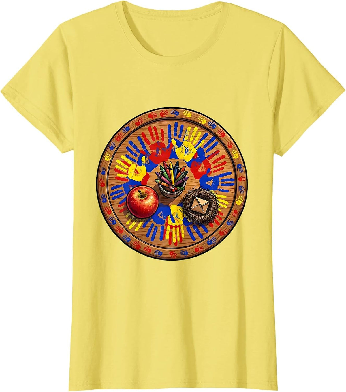Women's 2nd Grade Teacher Handprint Art Desk Design T-Shirt - Lemon Yellow